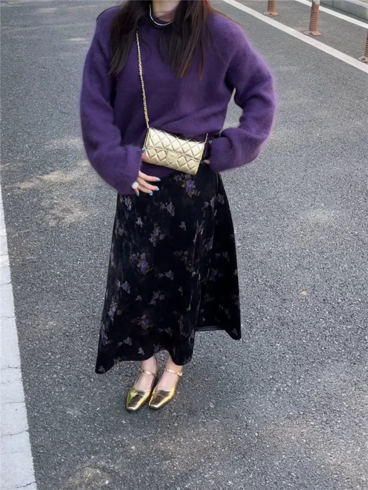 Women New Fall Winter Fashion 2 Piece Sets O Neck Knitted Purple Loose Sweater Pullover&Floral Print Midi Skirt Casual 2PC Suits