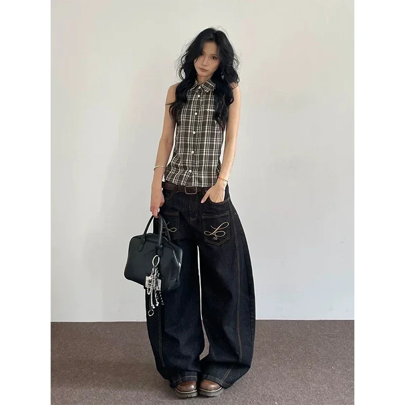 Pantalones vaqueros bordados Vintage para mujer, Pantalón recto de cintura alta, estilo Hip Hop, ropa de calle Harajuku Y2K, pantalones vaqueros de pierna ancha, otoño 2025