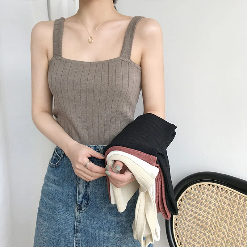 Refreshing Knitting Sling Slim Comfortable Undershirt Female Summer Flat Mouth Sleeveless Affordable Multicolor All-match Tops