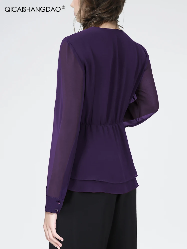 Women Long Sleeve V-Neck Crossed Purple Casual Shirt Elegant Slim Chiffon Tops With Belt 2024 Fall New Ladies Blouses