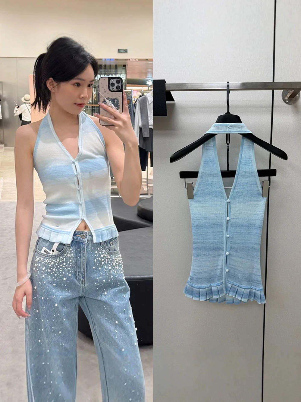 

an 2026 Summer New Women's Deep V-neck Knitted Open Cardigan Tank Top Silk Viscose Gradient Color Hanging Neck Design