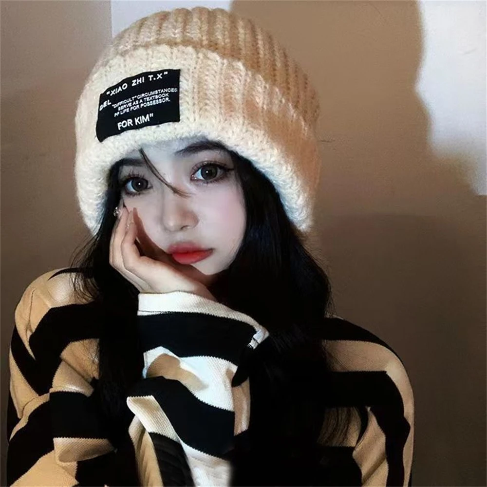 2024 Korean Warm Knitted Hat Solid Color Windproof Woolen Hats Women Ski Slouchy Cap Skull Warm Knitted Beanies Hat Balaclava