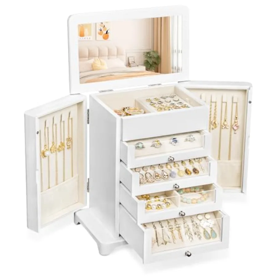 

Large Jewelry Box and Organizer for Women, Wooden Jewelry Storage with 4 Transparent Drawers, Holds Necklaces, Rings, Bracelets