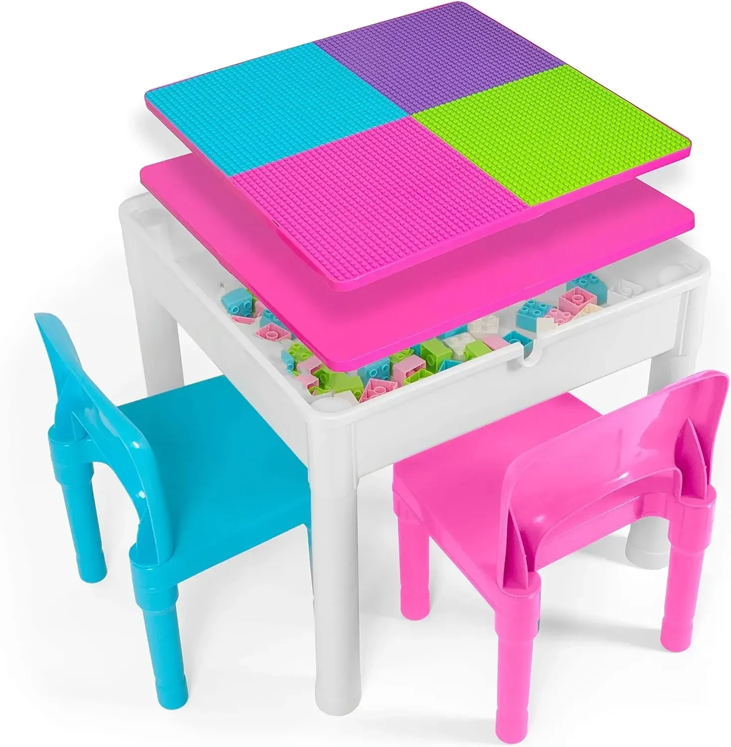 Kids Table and Chairs Set, Toddler 5 in 1 Activity Table - Sensory, Water, Art, Picnic, Blocks with Storage for Girls Ages 2 to