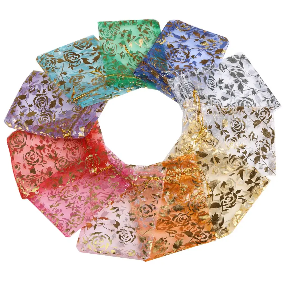 25/50pcs Rose Organza Jewelry Bag Gold Color Flower Printing Party Wedding Christmas Candy Gift Drawstring Packaging Pouches view 2