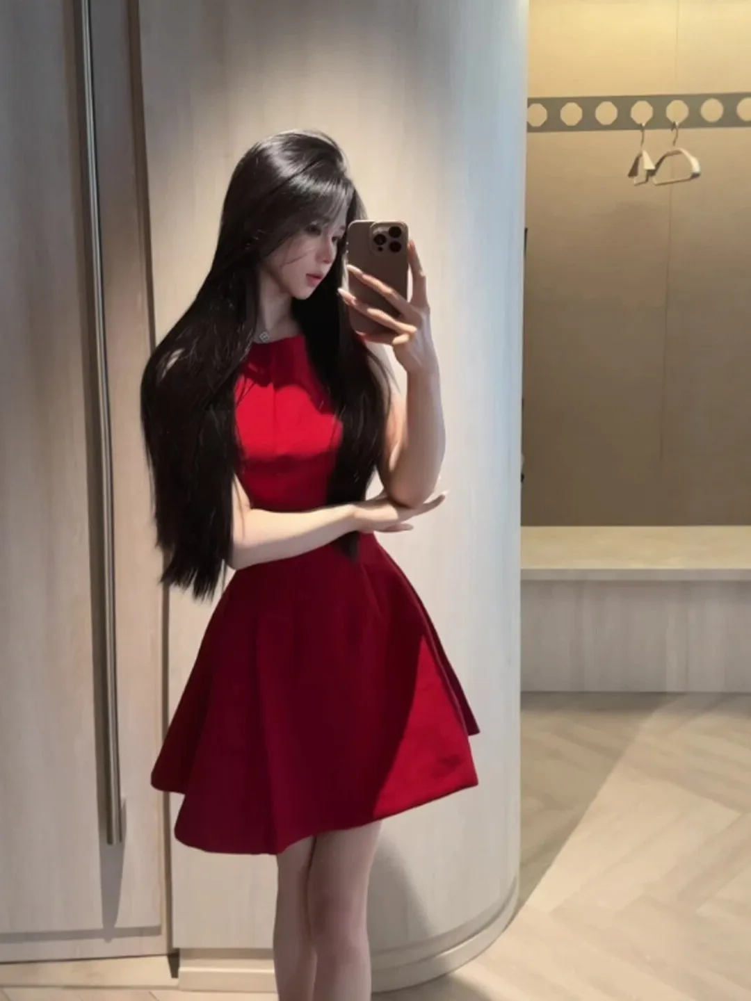 

Gentle Red Puffy Short Skirt Beautiful Waist-Cinching Summer Dress for Small Stature Women Elegant Cotton Blend Casual Wear