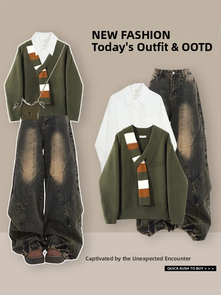 

Autumn Winter Knitted Sweater High Waist Straight Leg Jeans Striped Patchwork Shirt Three Piece Set Fashionable Women's Ensemble
