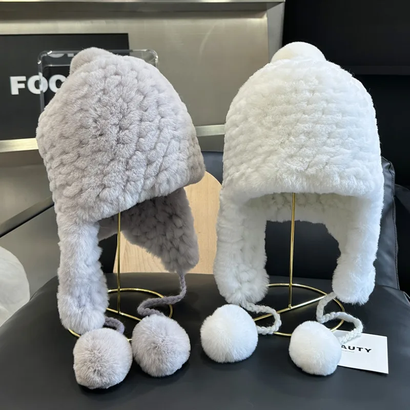 Real Rex Rabbit Fur Hat Winter Fashion Ear Protection Fur Hat Thick Knitted Bomber Hats Natural Fur Caps With Cute Fur Ball