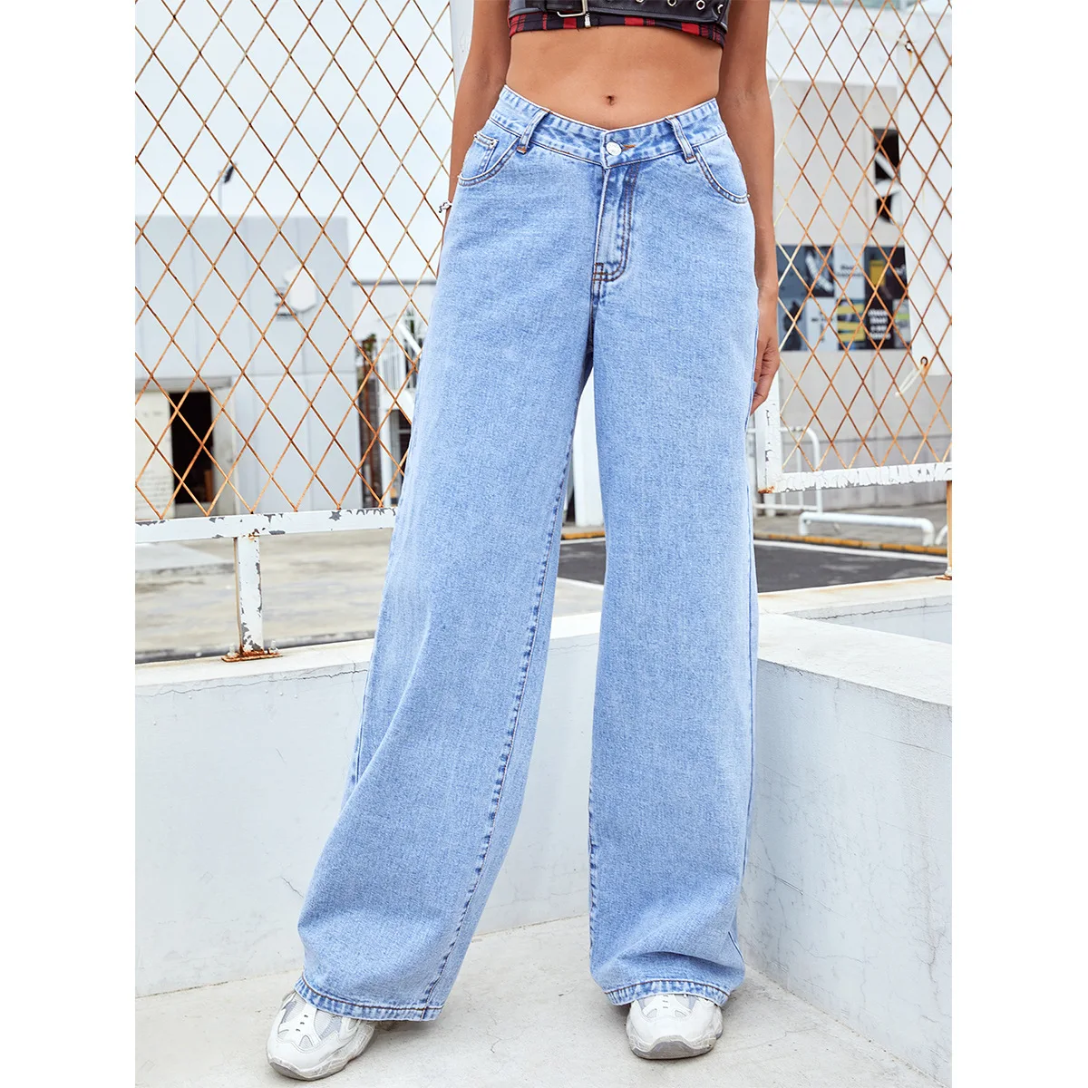 

Basics Jeans Washed Denim High Waist Full Length Zipper Fly Pockets Loose Fit Straight Pants 2024 Solid Vintage Casual
