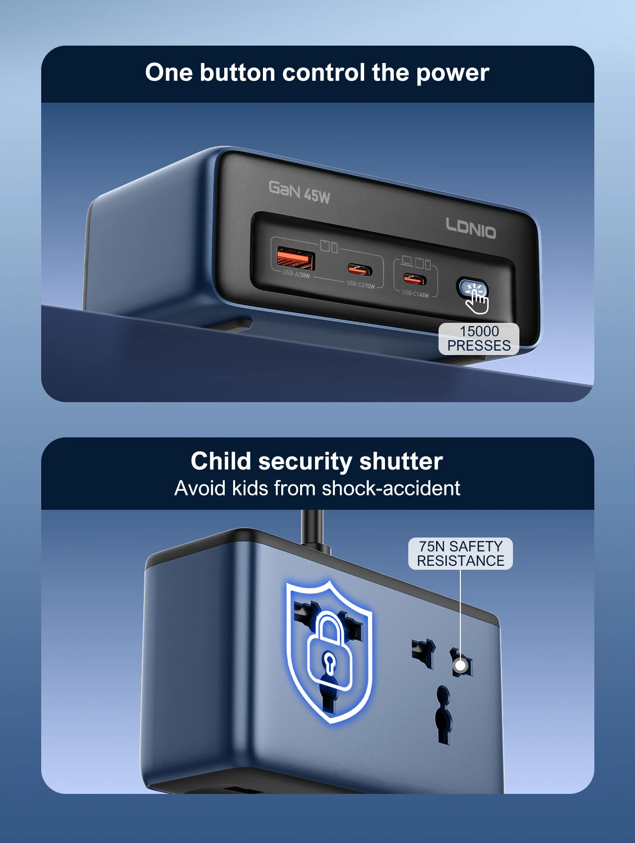 LDNIO شاحن سريع مكعب قطاع الطاقة 2 متر تمديد كهربائي سلك الطاقة 45 واط نوع C محطة شحن الولايات المتحدة المملكة المتحدة الاتحاد الأوروبي Kr Usb محول القابس