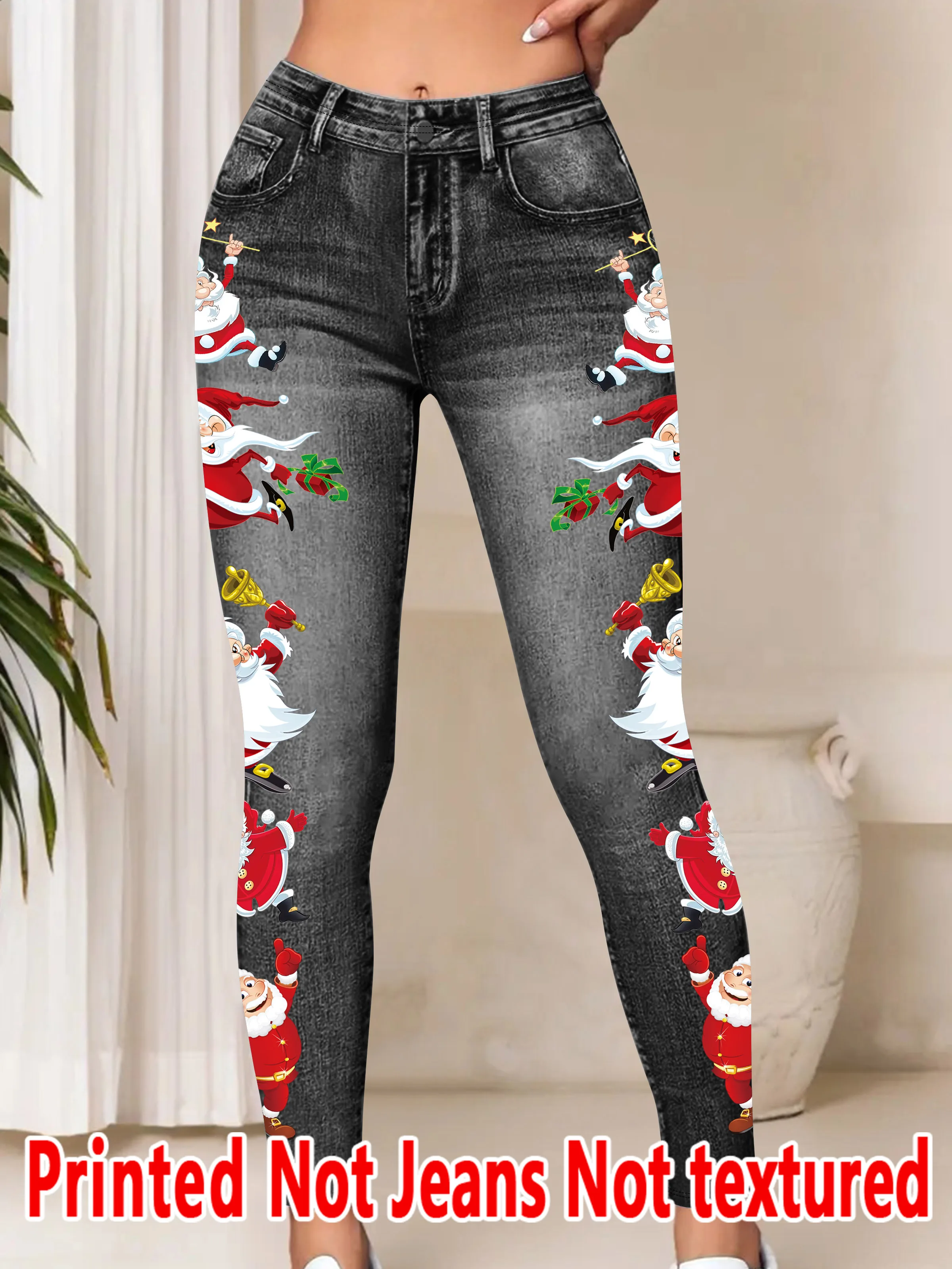 1564  Ladies Printed Trousers Non-Leather Fabric Base Layer Christmas Print All-Season Stretchy Pants