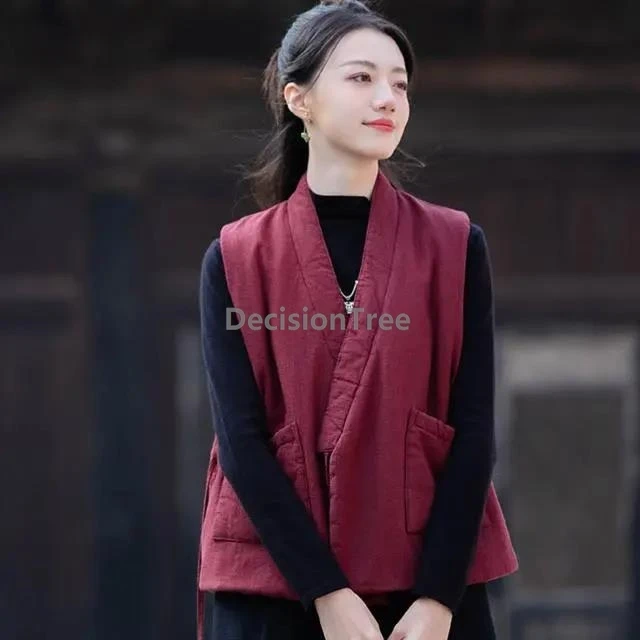 

Стеганый осенне-зимний жилет 2025 года в китайском стиле, хлопково-льняной кардиган в стиле ретро, дзен, утепленное теплое пальто без рукавов в этническом стиле дзен