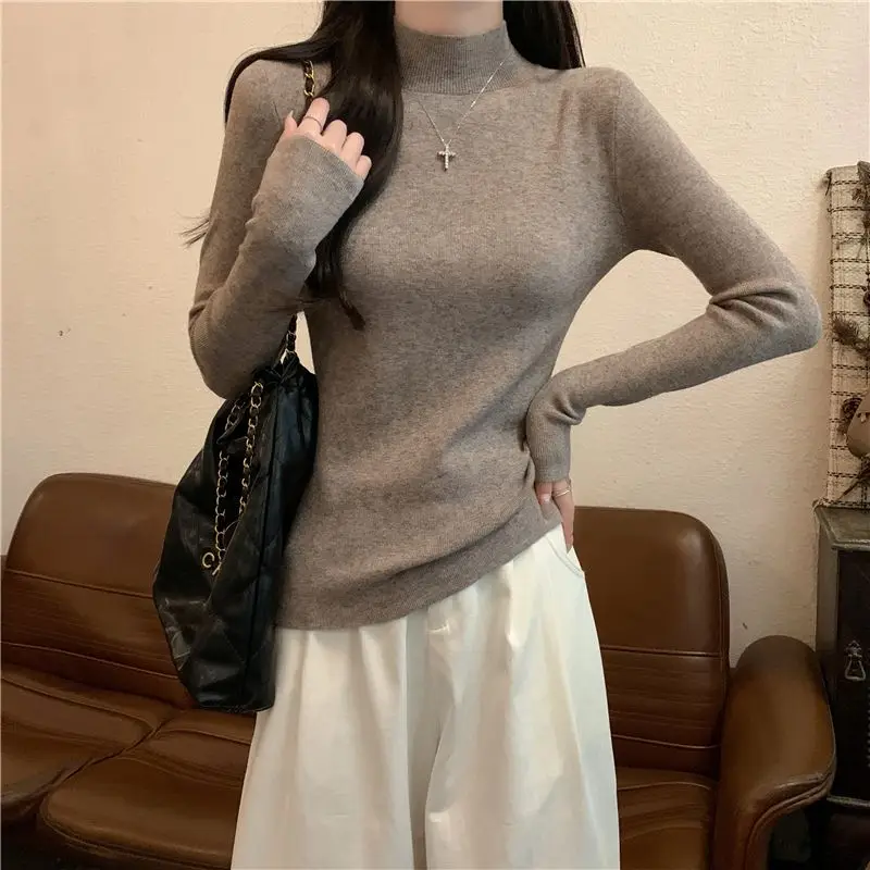 

Women's Slim Fit Fleece Lined Thickened Half High Collar Knitted Base Shirt White Inner Wear Korean Style Small Fragrance Wind