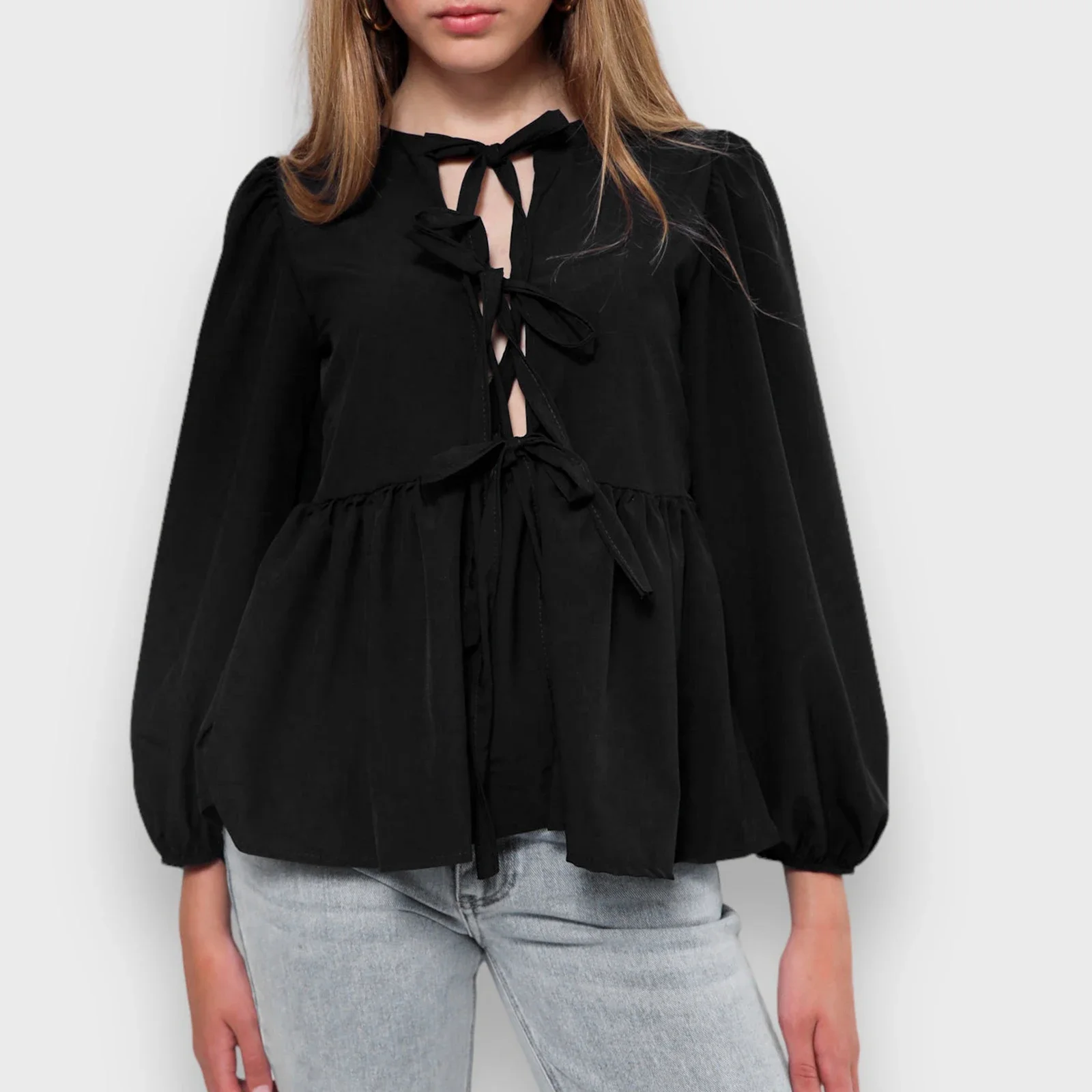 Blusa informal de manga acampanada para mujer, camisa con lazo frontal, Peplum, ropa de calle