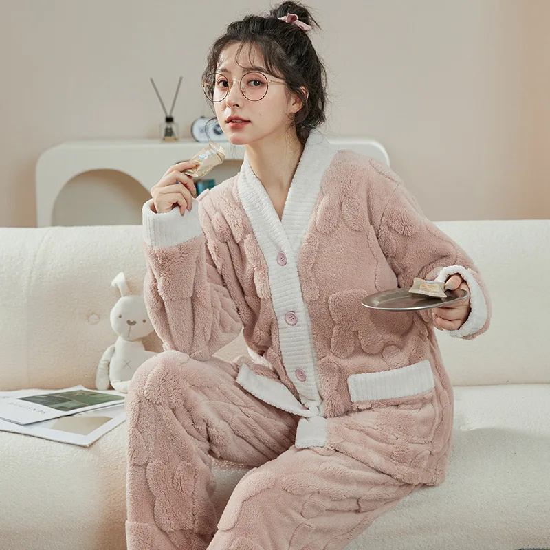 pyjama-femme-automne-hiver-flanelle-epaissie-col-montant-a-capuche-fermeture-eclair-corail-polaire-vetements-de-detente-peut-etre-porte-a-l'exterieur-des-pyjamas