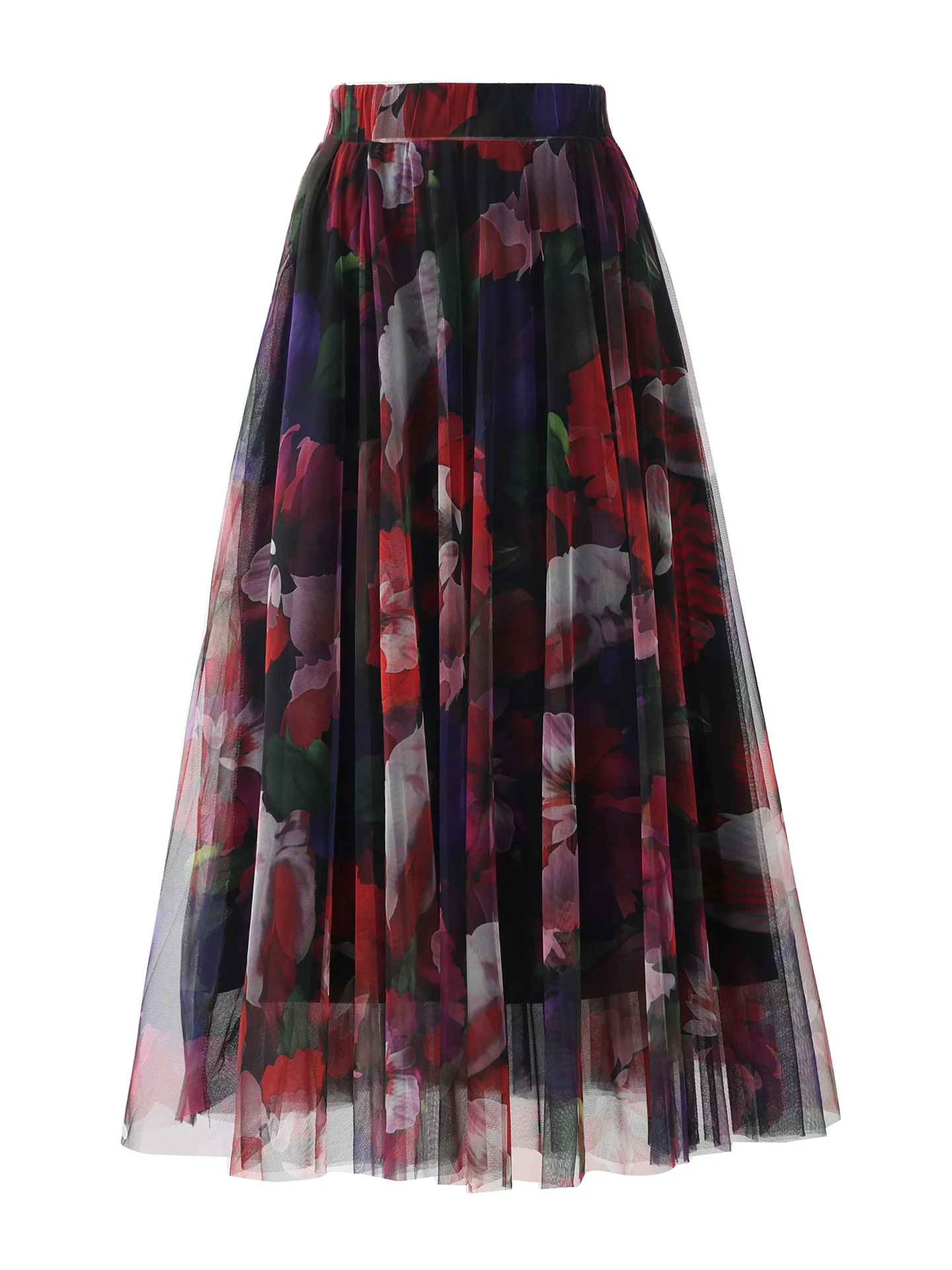 2026 New Spring Summer Big Bottoms Elastic Waist Mid-length A-line Skirt Elegant Mesh Printing All-match Female Umbrella Skirts