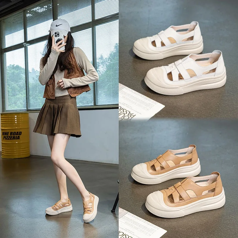 

Новинка лета 2024, сандалии на платформе, первый слой из воловьей кожи, женские повседневные удобные универсальные бахилы в спортивном стиле