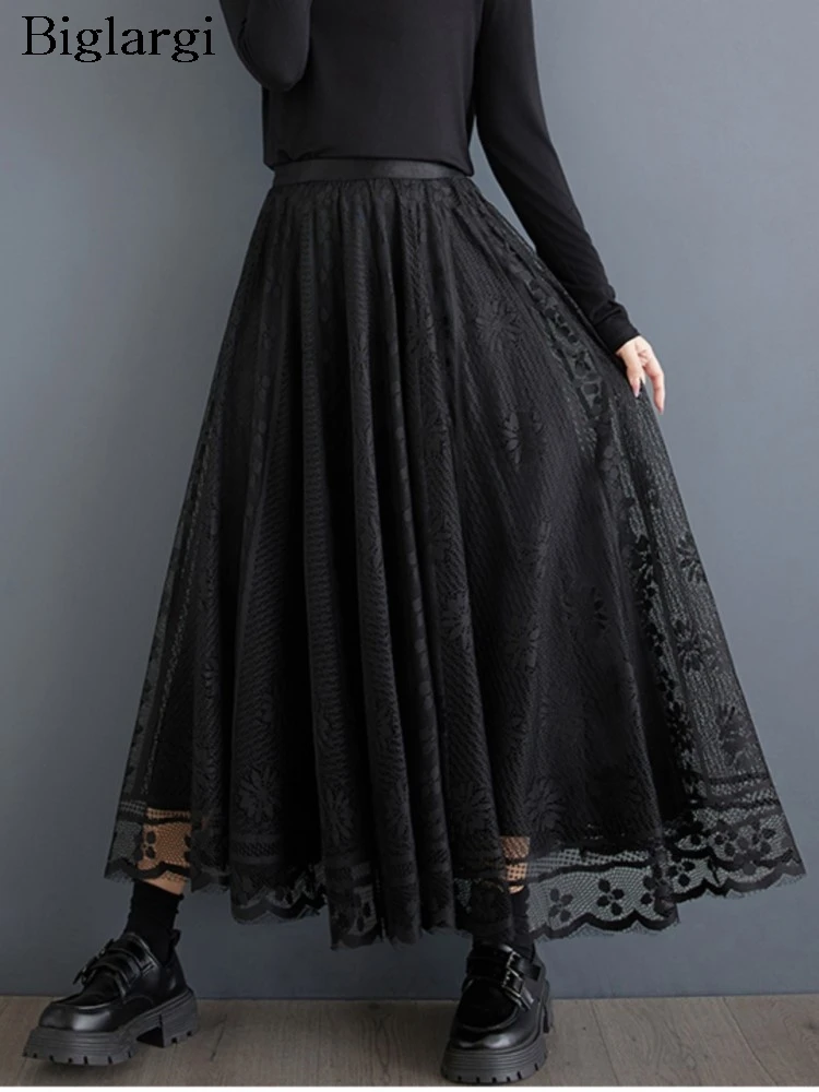 

Spring Autumn Lace Hollow Out Skirt Women Fashion Ladies Black Skirts Pleated Loose Woman High Waist Skirt
