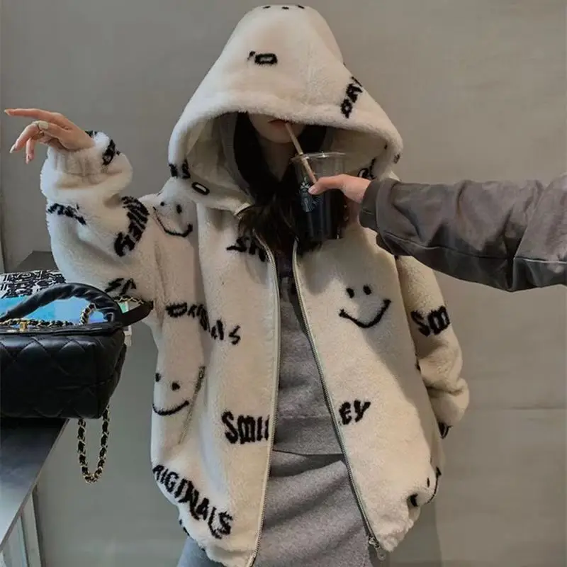 Jackets for Women 2023 Winter Cashmere Chic Printing Hooded Fashion Street Outerwear Sweet Casual College Women\'s Jacket Coat