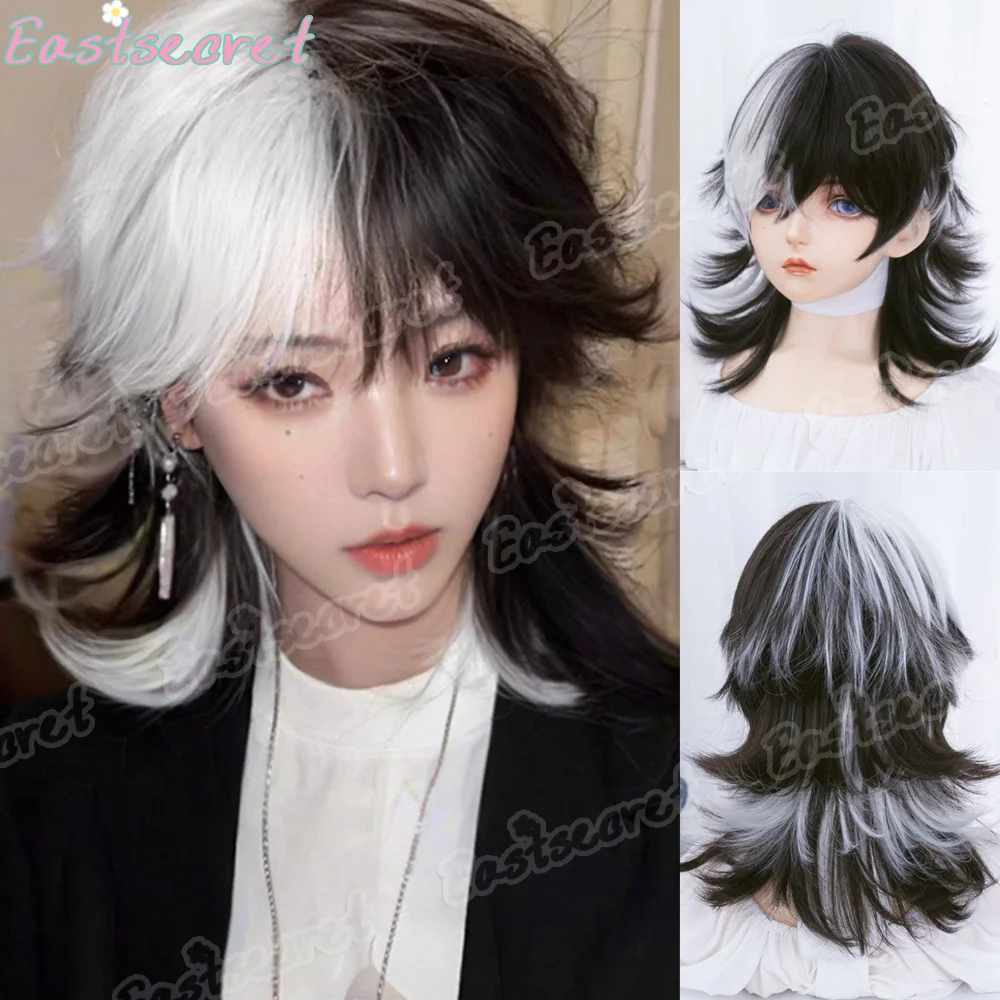 

EAST Men's Cosplay Wig Black White Patchwork Highlights Wolf Tail Mullet Curly Hair Heat Resistant Synthetic Wigs for Anime Part
