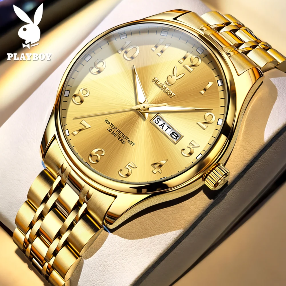

PLAYBOY 3533 Fashion Brand Quartz Watches For Men Women Steel Strap Dual Calendar Window Luminous Display 30M Waterproof Watch