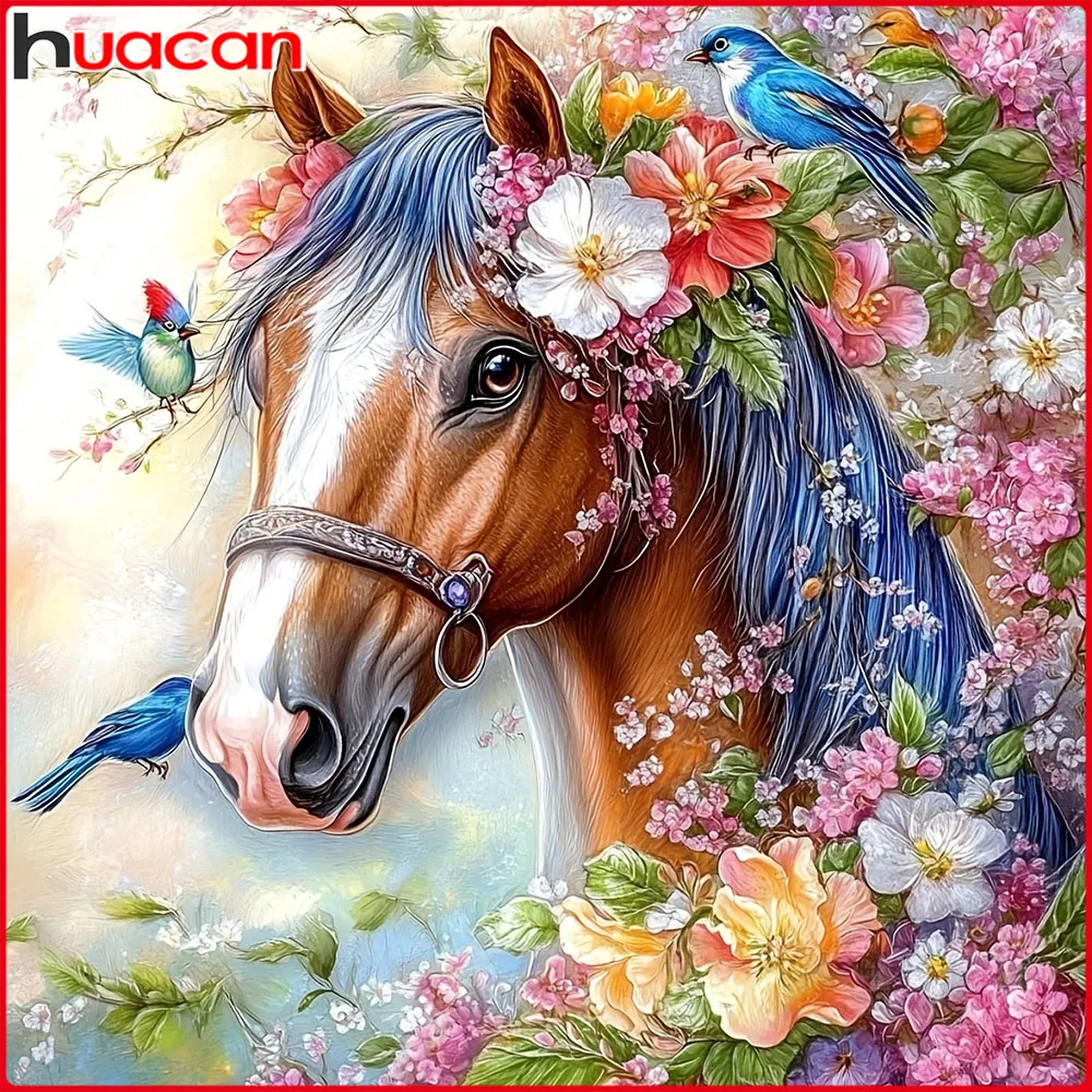 Huacan Neuheiten 2025, Diamantgemälde, Pferd, Blume, Diamantmosaik, Tier, komplettes Set, handgefertigtes Geschenk