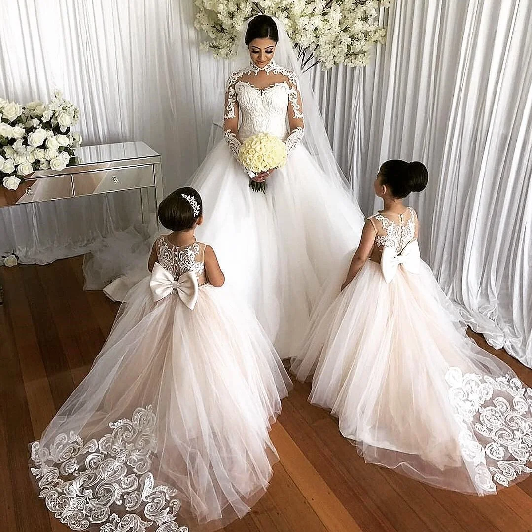 FATAPAESE Flower Girl Dresses Up Fluffy Princess Ball Gown Sleeveless Appqulies Lace Tulle Wedding Guest Evening Party for Kids