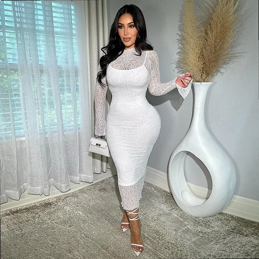 Sexy Lace See Through Long Sleeve Dress for Women Summer Spring Bodycon Dresses