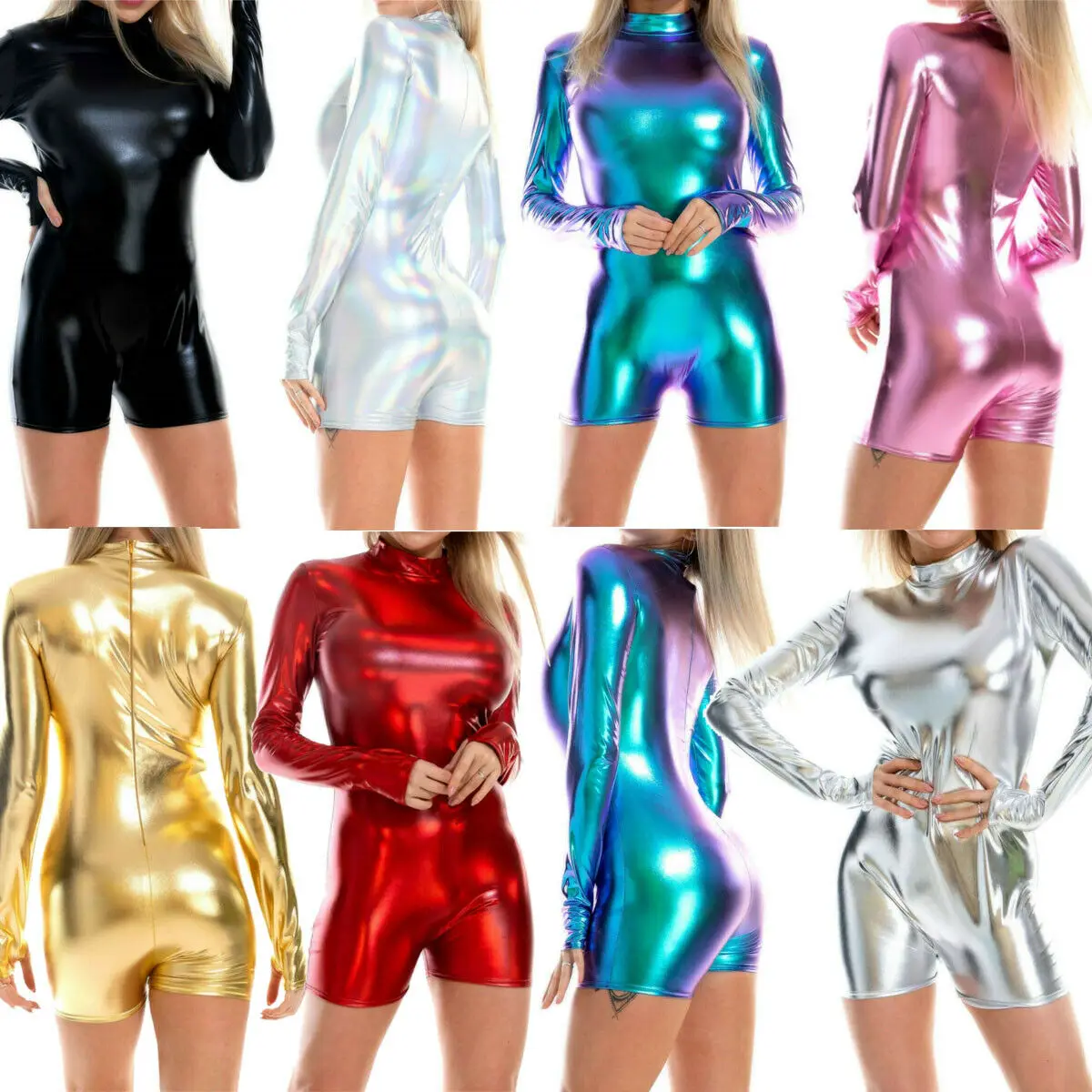 New Shiny Women Jumpsuits Back Zipper Turtleneck Long Sleeve Metallic Wet Look Short Bodysuits Skinny Stage Party Club Playsuits