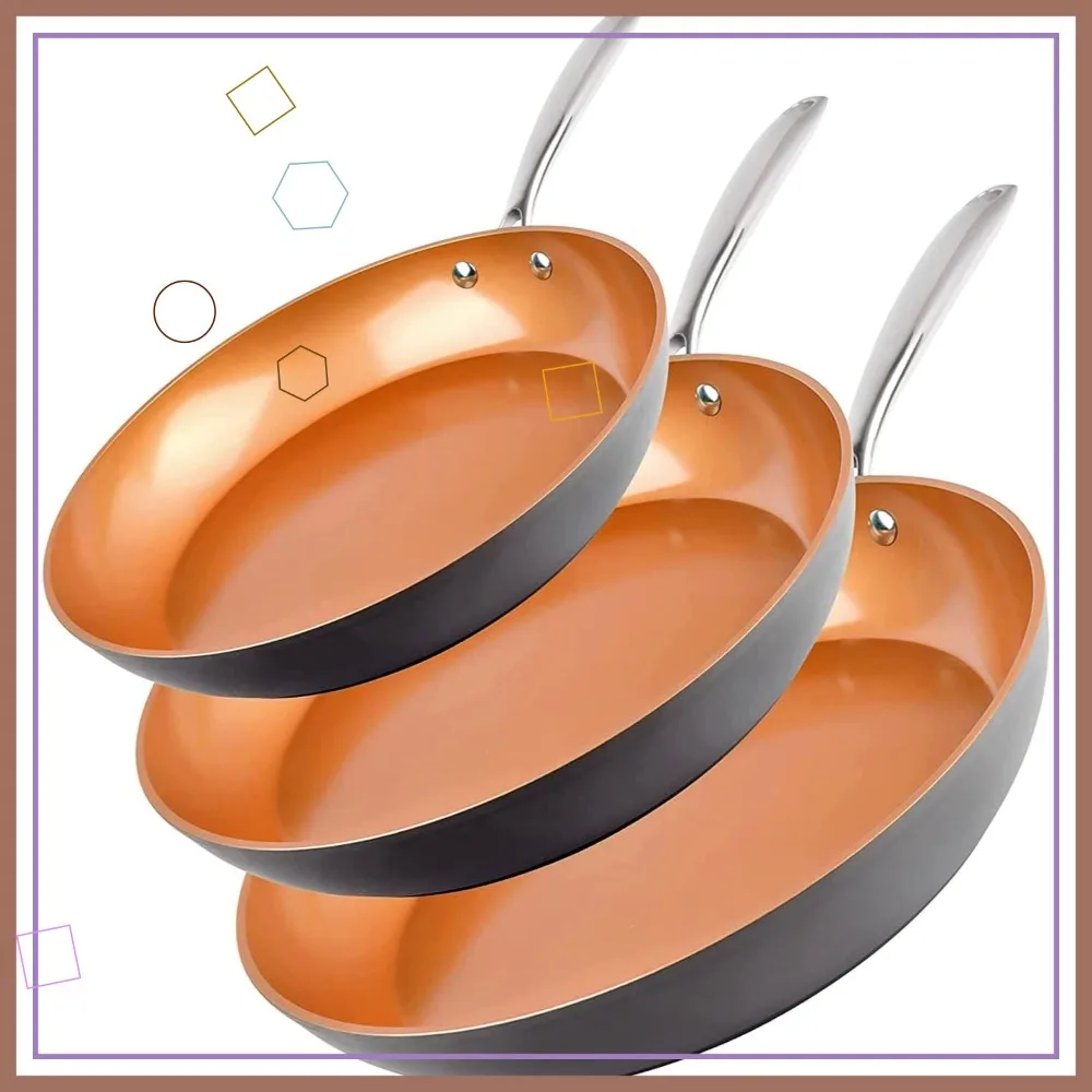 

3-Piece Ceramic Nonstick Frying Pan Set, 8” 10” 12”, Induction Ready, Oven & Dishwasher Safe - Copper