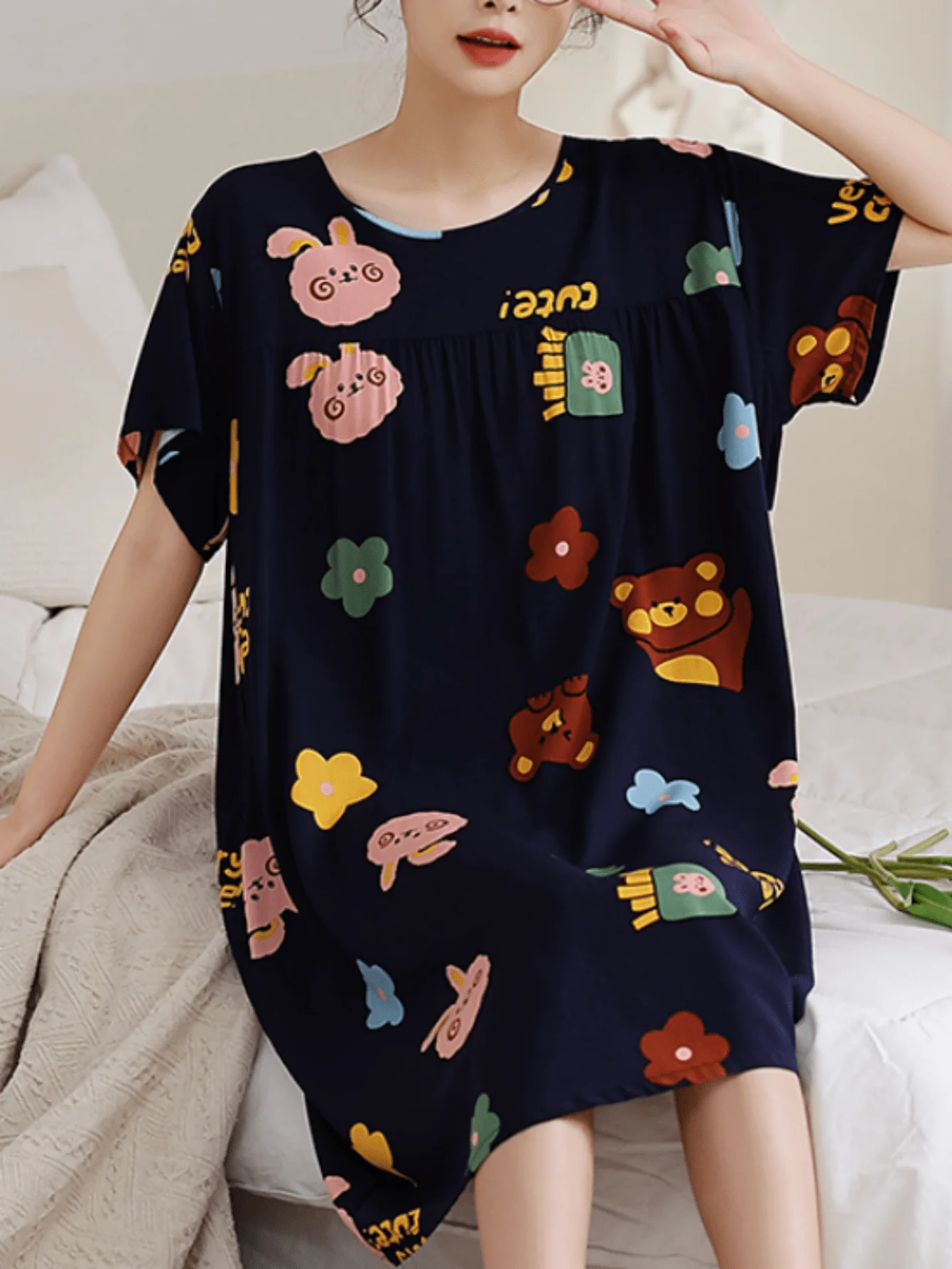 1 Korean version of cotton silk nightdress women short-sleeved pajamas summer rayon cotton loose comfortable home wear