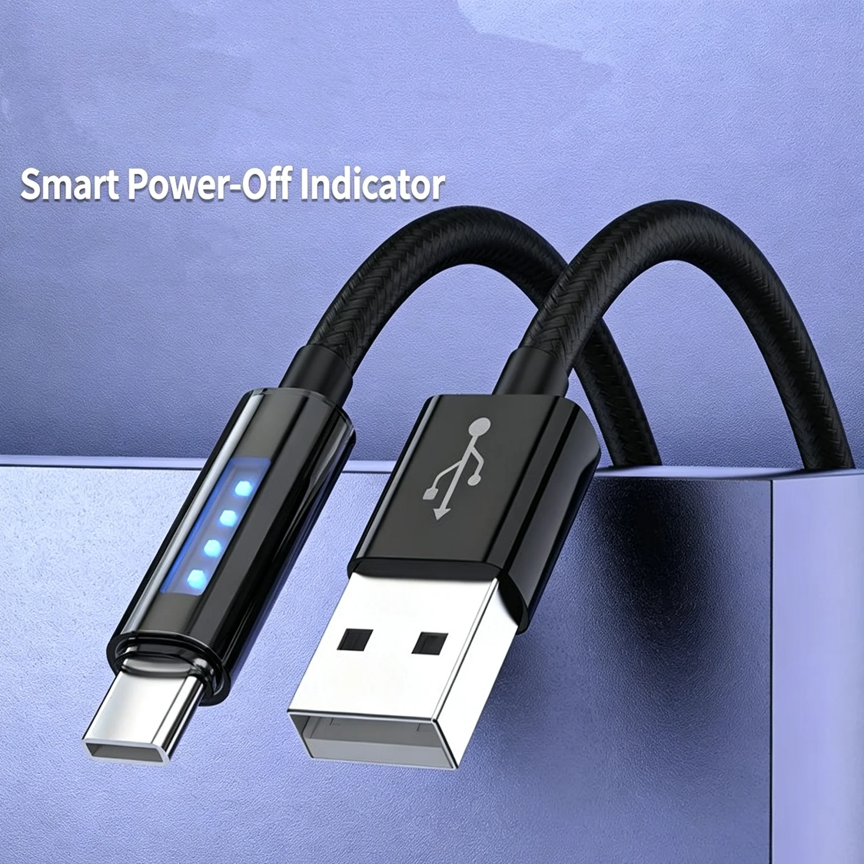 Braided USB to Type C 120W High Speed Fast Charging CableLED Status Light Smart Auto Stop Charging Wire 1m 1.8m，Micro 0.3m Cable