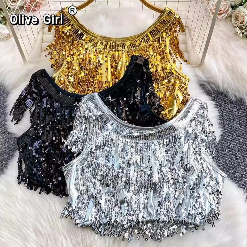 Olivegirl Original Sequin Tassel Tank Top European American High-end Women's Stage Performance Outfit Party Dance Top Spring