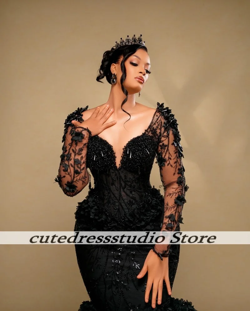 Encantadores vestidos de noche con cuello en V y apliques de cuentas de lujo vestido largo negro africano para fiesta de graduación vestidos de fiesta de boda 2025 personalizados