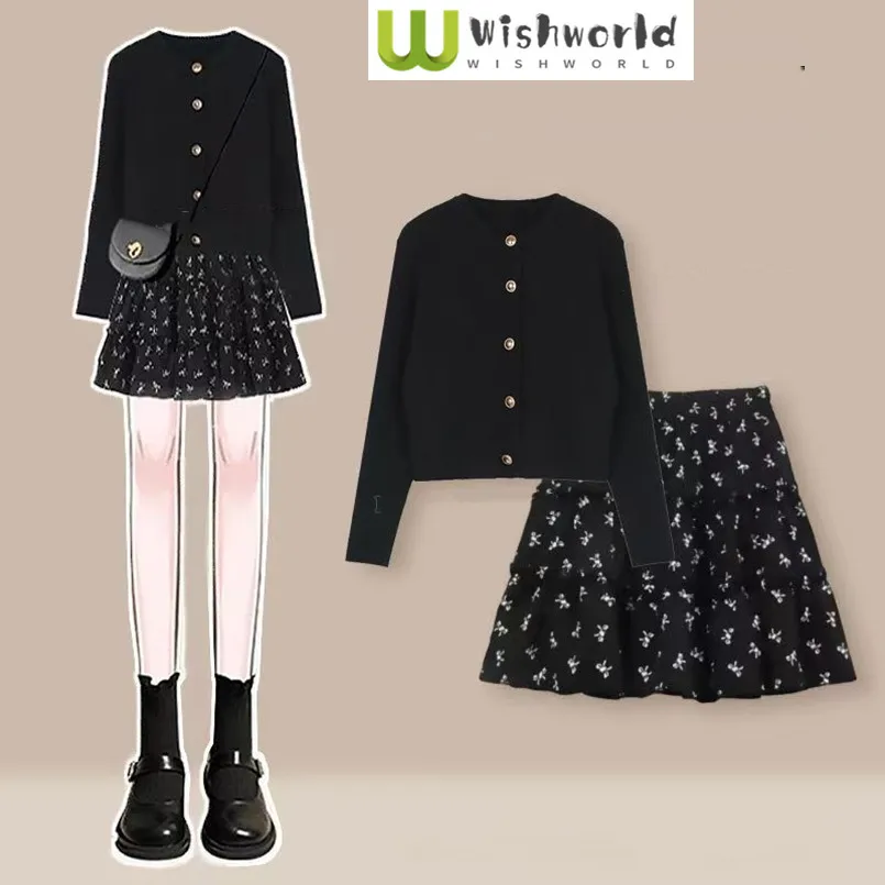 

Spring and Autumn Set Women's Sweet Aging Knitted Shirt+High Waist Slimming Printed Flower Short Skirt Two Piece Set