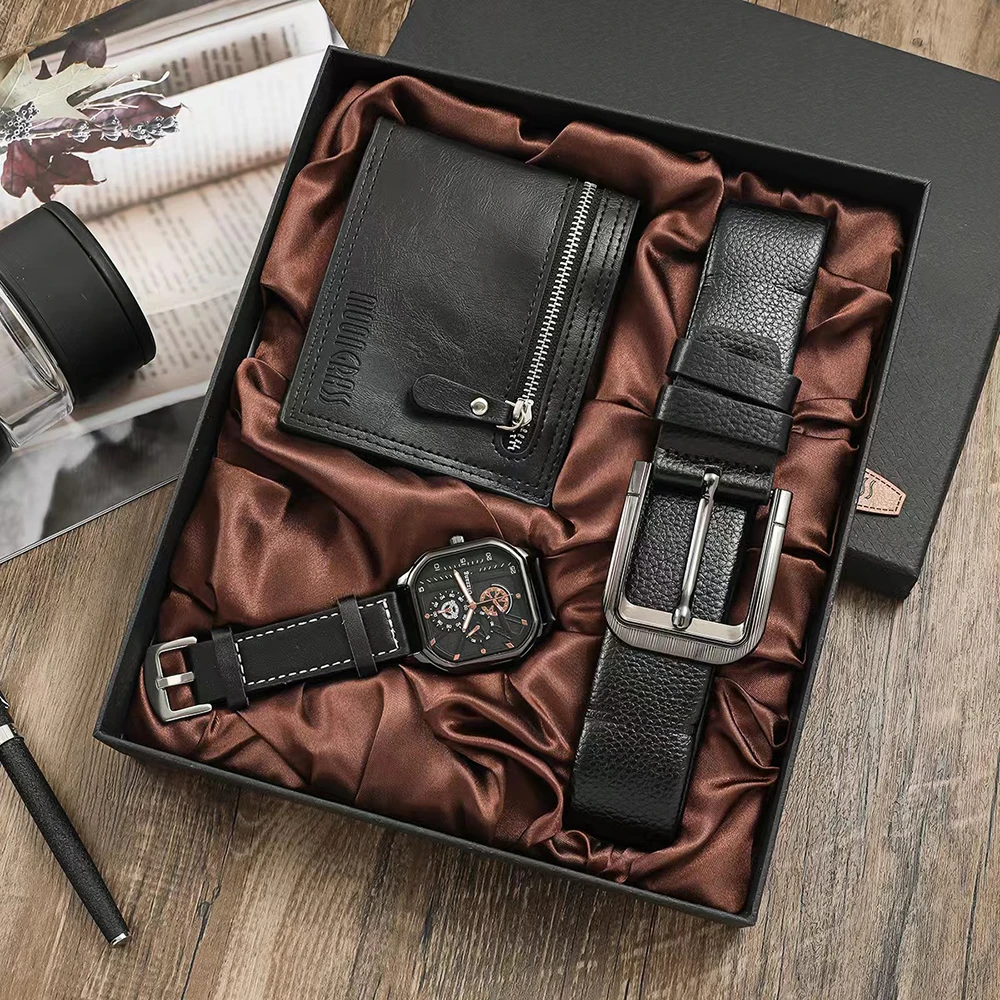 

Men Watch Gift Set Fashion Quartz Watch Black Leather Belt Wallet Casual Combination For Boy Friend Watches Beautifully Packaged