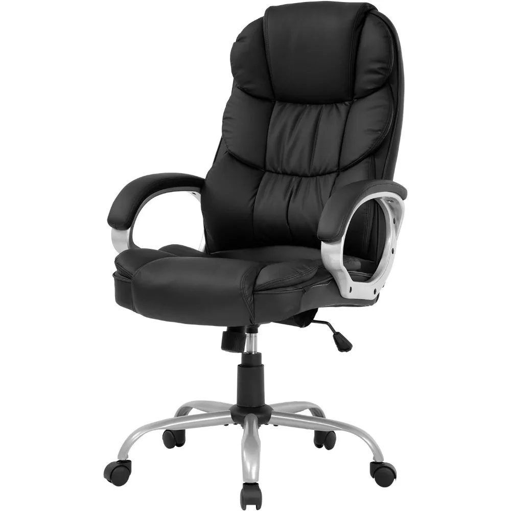 Chaise de Bureau Ergonomique et Réglable à Dossier Haut en Cuir PU, Fauteuil de Travail à Comcussion avec Accoudoirs Lombaires pour Ordinateur