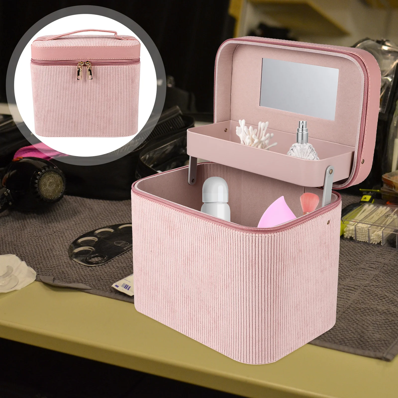 

Dual-Layer Women Large Capacity Storage Organizer Travel Toiletry Case Portable Makeup Bag Synthetic