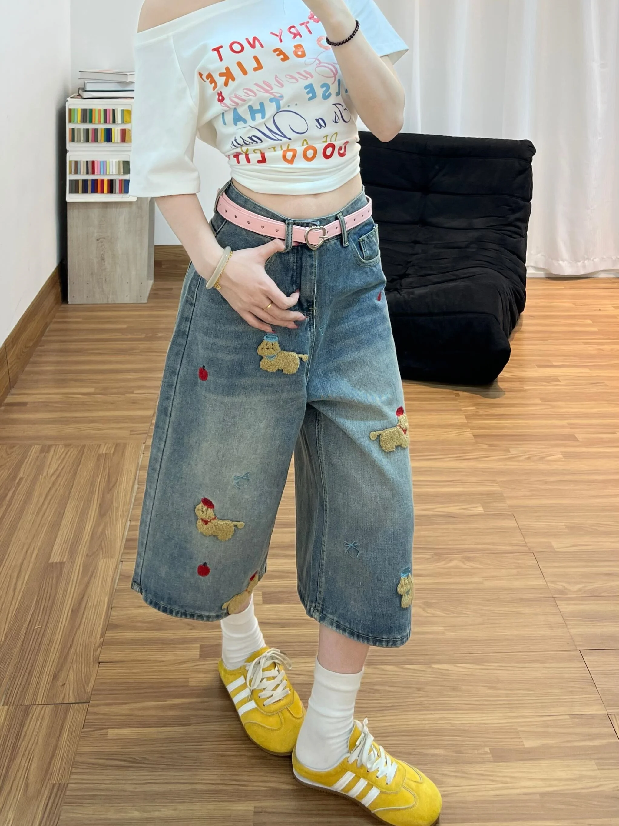 

Blue Embroidered American Retro Cartoon Dog High Waist Wide Leg Jeans Women's Summer plus Size Versatile Shorts Casual Wear