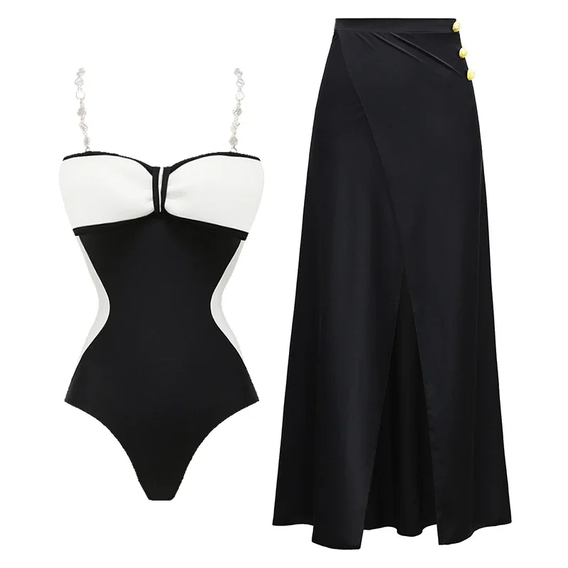 

2025 Women's One Piece Swimsuit with Beach Skirt Push-Up High-Waist Bodysuit Monokini Sexy Bathing Suit for Beach Wear