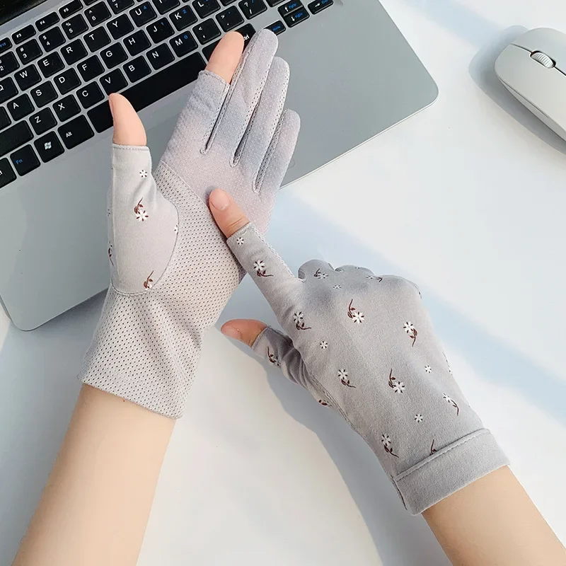 Damen Sommer Baumwoll-Sonnenschutz Anti-UV Touchscreen-Handschuhe Dünn Atmungsaktiv Rutschfest Hochelastisch Fahrrad- und Autofahrerhandschuhe mit Zwei Freien Fingern
