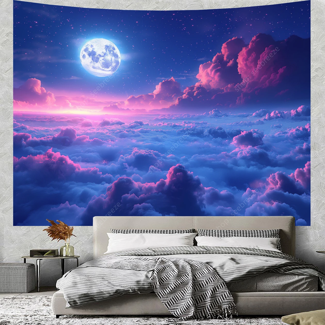 Psychedelic Moonrise Cloudscape Tapestry Wall Hanging Enigmatic Night Sky Tapestry Aesthetic Boho Home Wall Decor Curtain Cloth