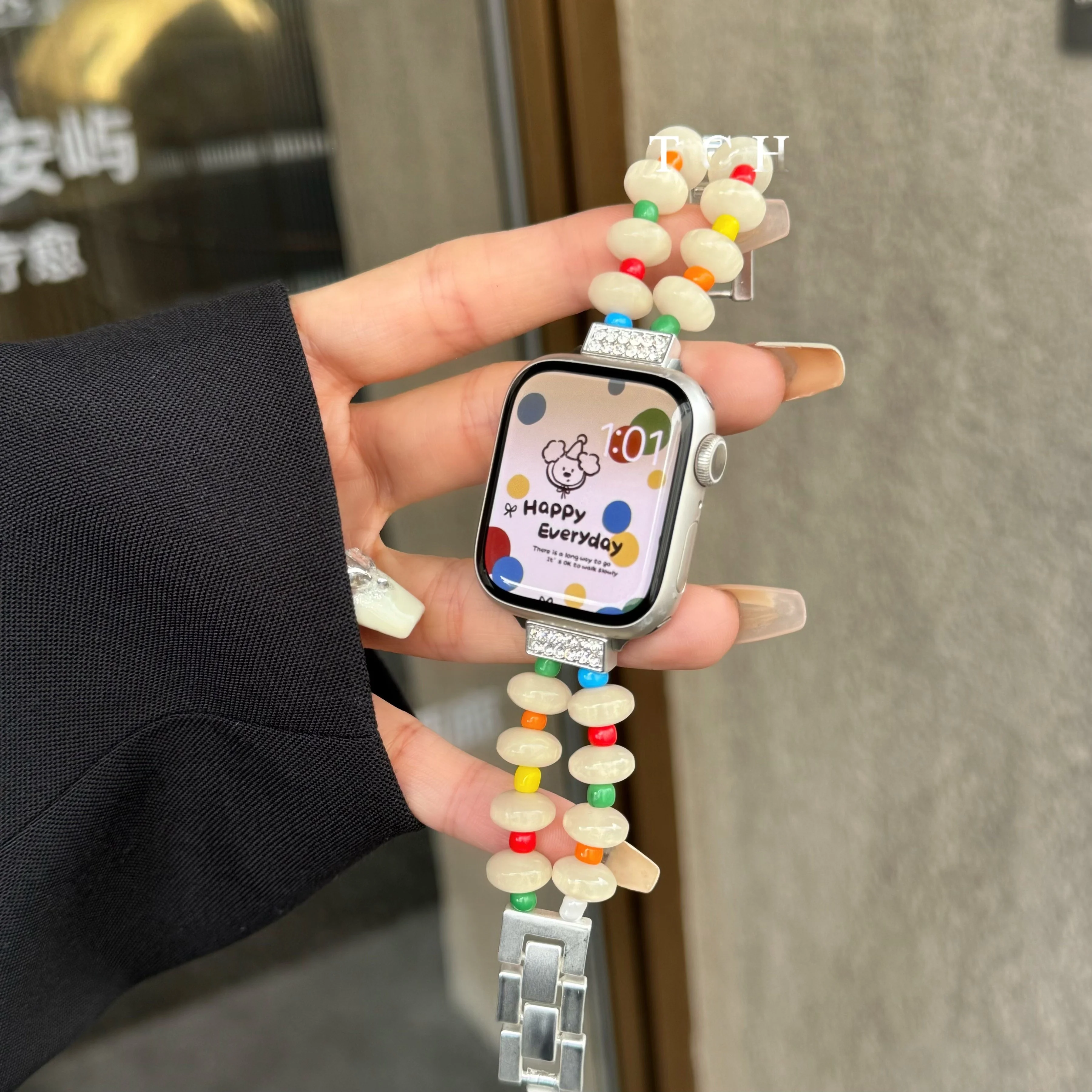 

Compatible with iWatch strap 38mm 40mm 41mm 42mm 44mm 45mm 49mm color bead metal fashion strap