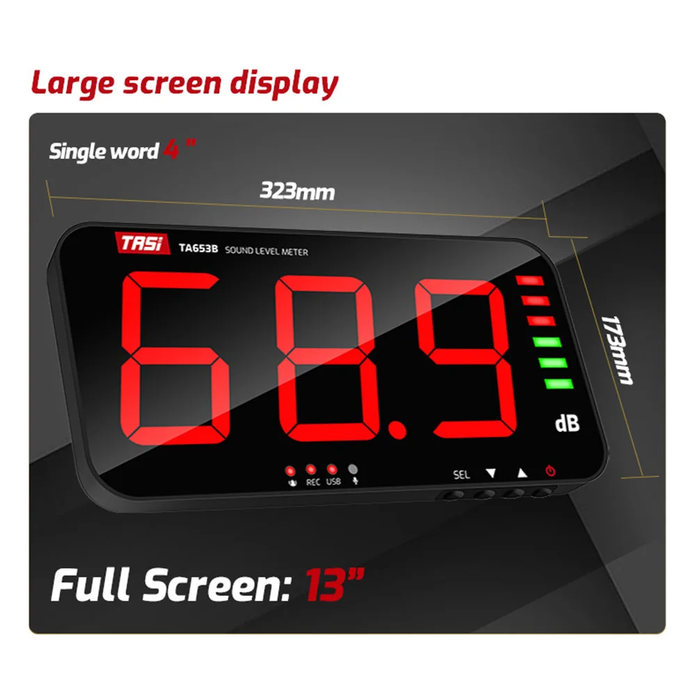 TASI TA653A Digital Sound Level Meter Large Screen Display Noise DB Meter Wall Hanging Type Alarm Restaurant Bar School