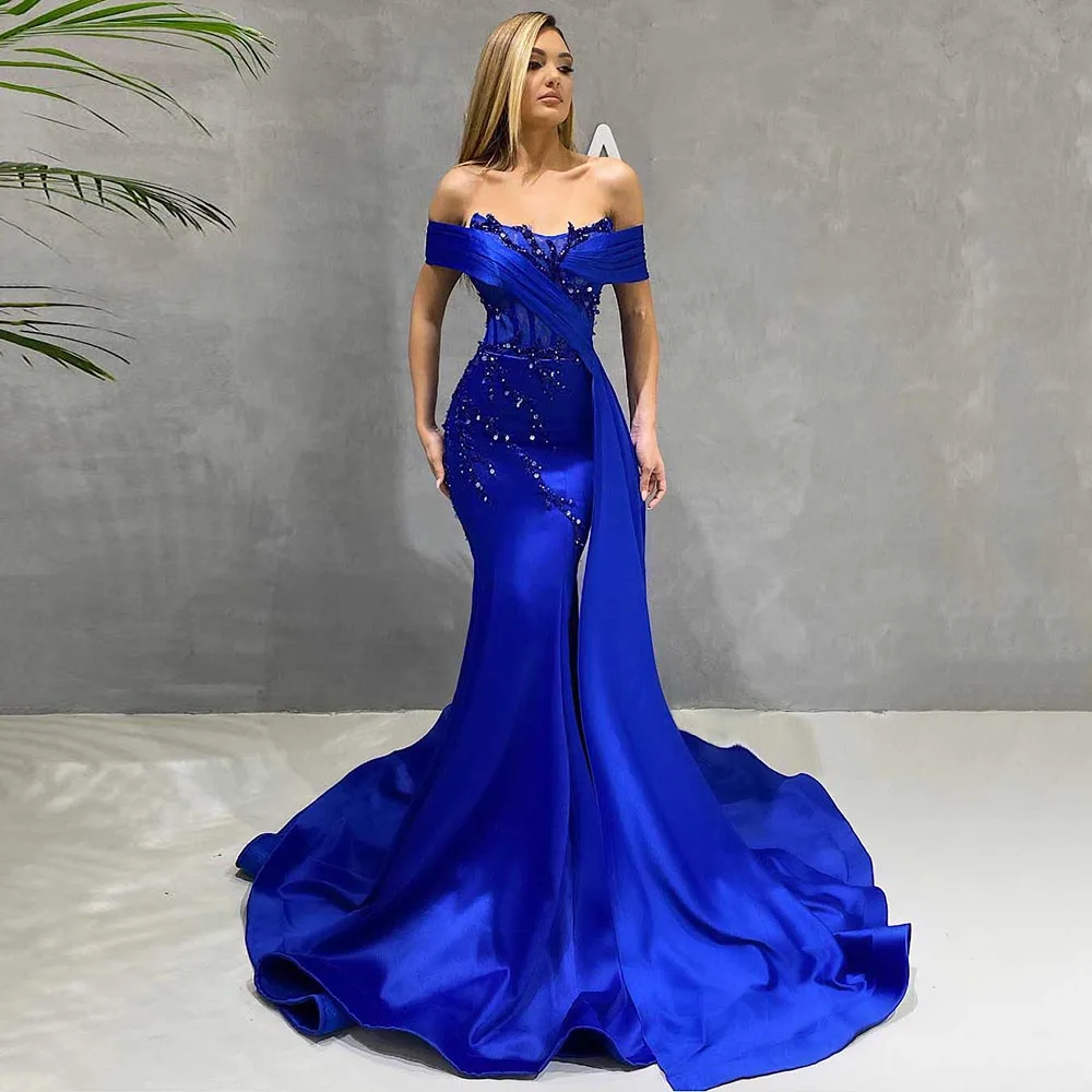 

Stunning Royal Blue Prom Dresses Satin Off Shoulder Sequined Beaded Mermaid Party Celebrity Evening With Ribbons