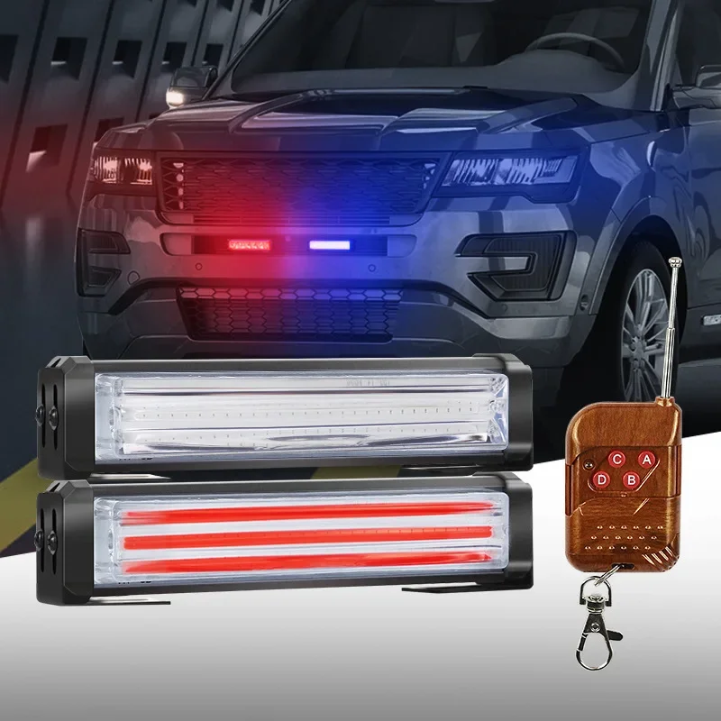 12-24V Car-mounted One-trailer-two-net Light COB Remote Control Car Modification Explosion Warning Light Red and Blue Frequency