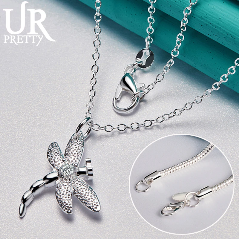 

URPRETTY 925 Sterling Silver Dragonfly AAA Zircon Pendant Necklace 16/18/20/22/24/26/28/30 Inch Chain For Woman Wedding Jewelry