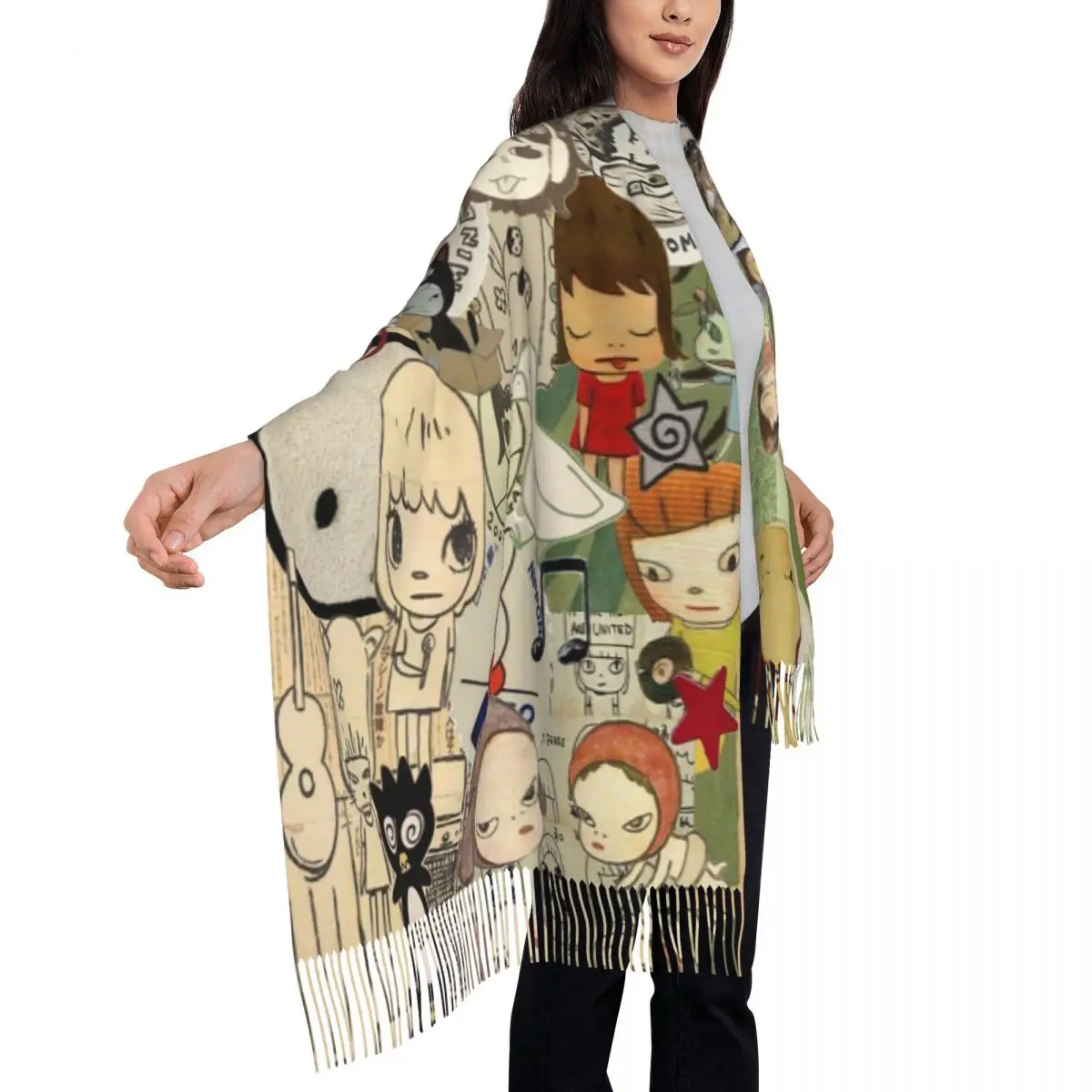 Funny Yoshitomo Nara Scarf Tassel Scarves Women Soft Warm Shawls and Wraps Large Fall Winter Shawl Wrap