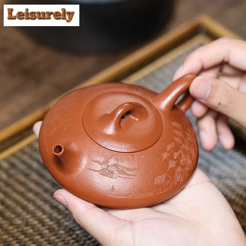 

170ml Authentic Yixing Purple Clay Teapots Artists Handmade Flat Stone Scoop Pot Raw Ore Zhu Mud Kettle Zisha Tea Set Teaware