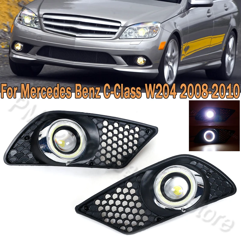 PMFC Car Front Bumper LED Fog Light DRL Daytime Running Light Angel Eye Grille For Benz C-Class W204 2008 2009 2010 A2048850353